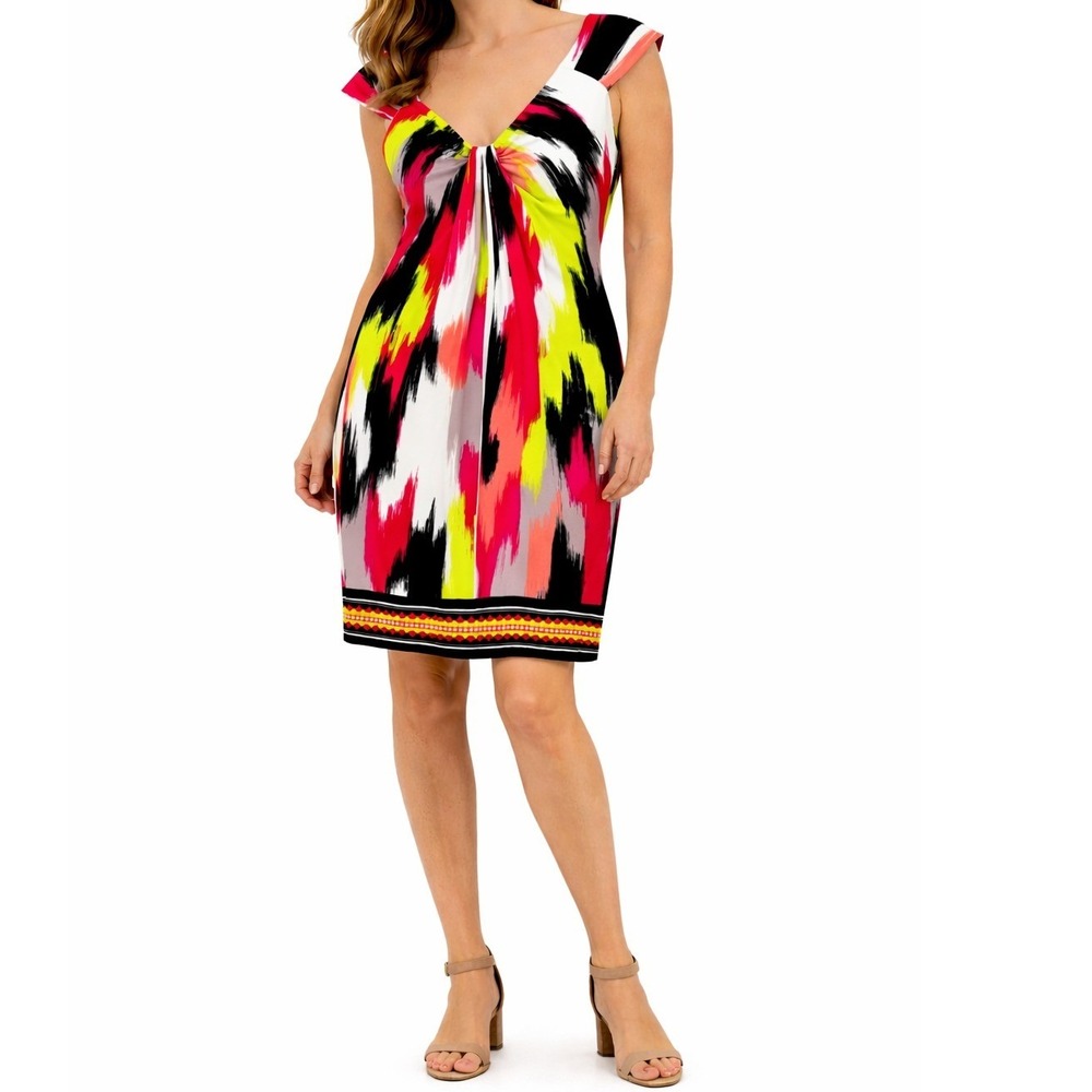 London Sheath Dress Womens Medium P Multicolor Abstract‎ V-Neck Ruched